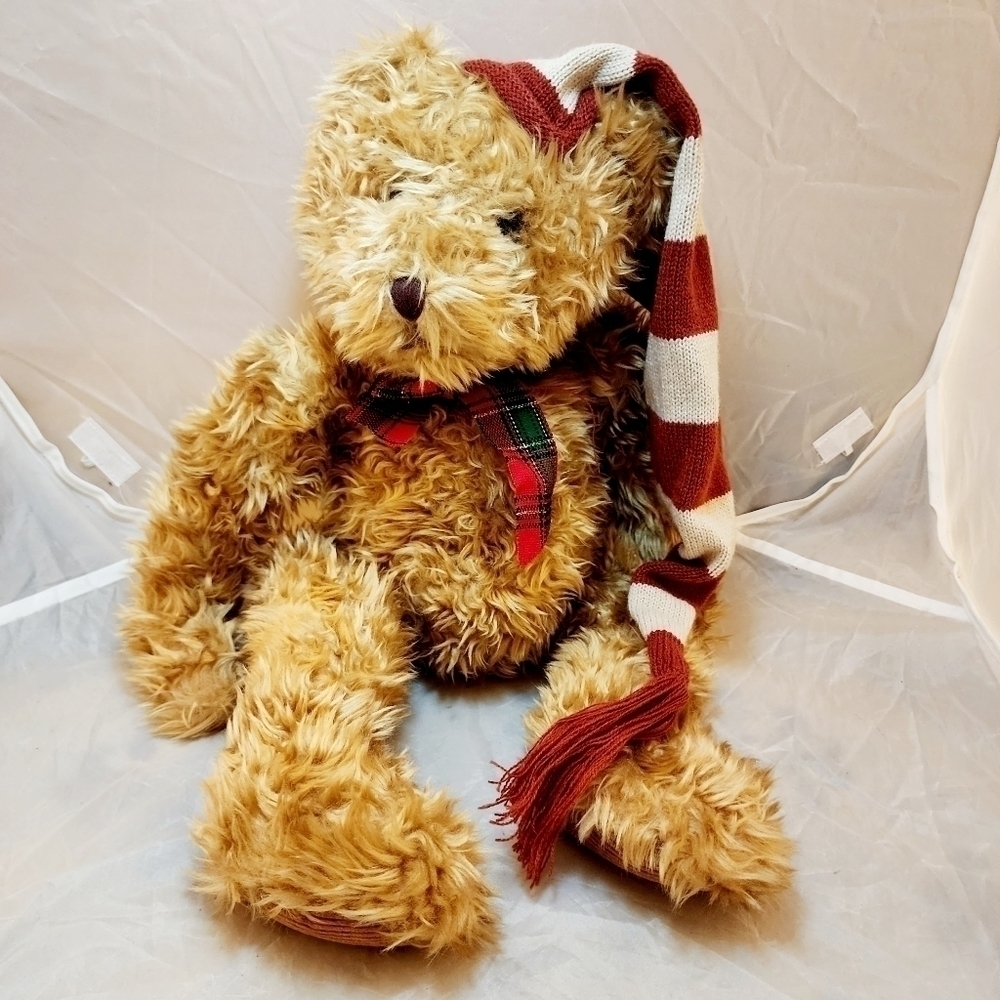 Russ Berrie "Chestnut" Brown Teddy Bear 18" Winter Hat Bow Plush Stuffed Animal